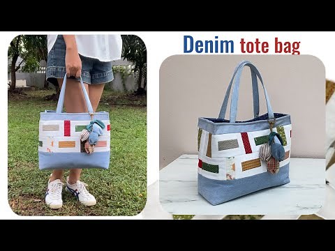 How to sew denim tote bag tutorial from jeans scrap , DIY tote bag , Denim project , Patchwork bag