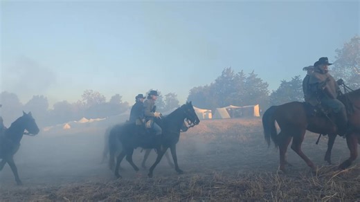Look back Wednesday: Confederate Cavalry riders ride out of the fog; back from predawn "battle" with Union Forces. Near dark conditions at start of the predawn battle in the fog. | 1st Minnesota Sharpshooters - Civil War Reenactment Group