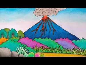 Cara menggambar gunung meletus || Menggambar gunung merapi || Menggambar pemandangan gunung