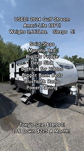USED! 2024 Gulf Stream Ameri-Lite 19FT! Weighs 3,663Lbs. Sleeps 5! Solid Steps Murphy Bed Big 12v Fridge Deep Sink Bathtub for kiddos Bigger Bunk Beds Bluetooth Radio Power Awning Tony’s Sale $18,990! 10% Down $225 A Month! | Tony T Rv Tumminello