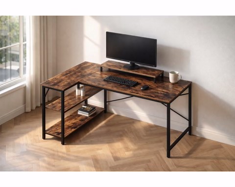 L-shaped Rustic Brown Computer Desk With Storage Shelves - Etsy