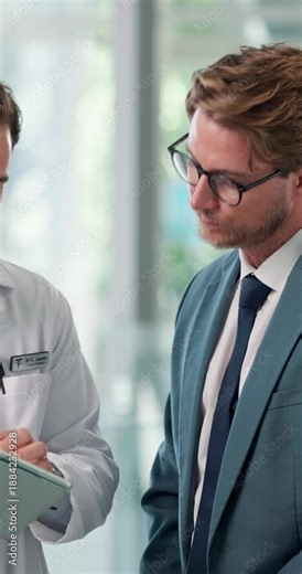 Doctors, men and tablet with discussion in lobby, clipboard and solution with review in clinic. People, hospital director and team with tech, app and checklist with report for healthcare services