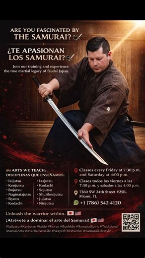 Are you fascinated by the Samurai? 🥷⚔️ Join our training and experience the true martial legacy of feudal Japan. 📍 Classes every Friday at 7:30 p.m., Saturday at 4:00 p.m. and Sundays at 10:00 a.m. 📚 Arts we teach: • Iaijutsu • Kenjutsu • Bojutsu • Naginatajutsu • Ryoto • Kodachi • Sojutsu • Shurikenjutsu • Jujutsu • Ninjutsu 📌 Address: 7360 SW 24th Street #25B, Miami, FL 📲 WhatsApp: 1 (786) 542‑4120 Unleash the warrior within. 🇯🇵🇺🇸 ¿Te apasionan los Samurai? 🥷⚔️ Ven a entrenar con nos