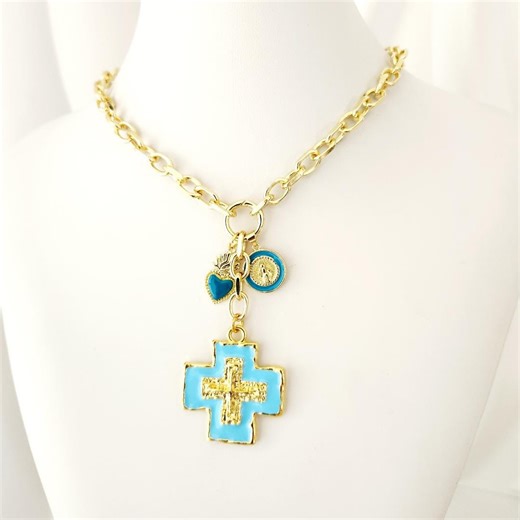 Gold Lariat Necklace With Cross, Miraculous Medal, and Sacred Heart Pendants, Jewelry Gift, Handmade - Etsy