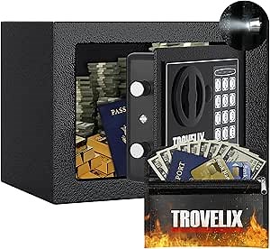 Small Safe Box for Home Safe (0.23 Cubic Feet) with Fireproof Bag and Light, Fireproof Safe for Money Lock Box with Keypad and Key, Money Safe for Cash Saving, Mini Safe Box for Money