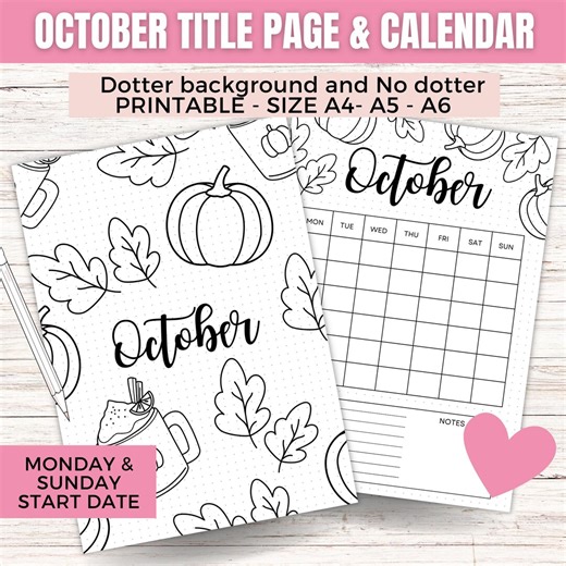 October Printable Calendar & Title Page: A4 A5 Planner (digital Download - Etsy