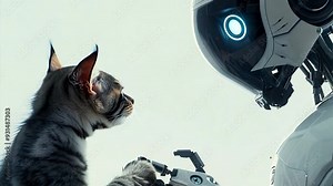 Robot and Cat: A futuristic vision of companionship and connection. A sleek, white robot stares down at a curious cat with goggles, creating a surreal and thought-provoking image. The simple compositi Stock Video