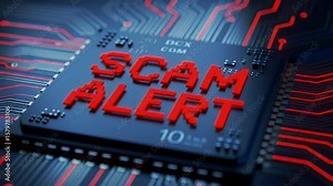 Red Scam Alert on Black Microchip with Red Wiring Illustrating Cyber Security and Potential Threats