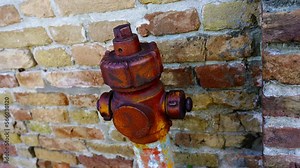 Outdated fire hydrant with terracotta rusty top and greyish support located near old weathered wall of local landmark closeup