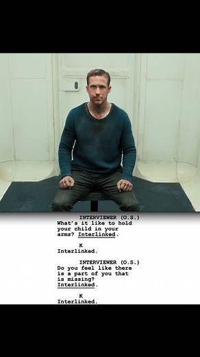 Screenplayed on Instagram: "In Blade Runner 2049, it was Ryan Gosling's idea for the baseline test that "K" must recite, including the phrase “A system of cells interlinked within / Cells interlinked within cells interlinked.” He used an acting technique called "dropping in," which created a trance-like and hypnotic effect in his performance."