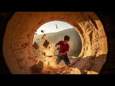 Building a Modern Shelter Inside a Massive Tree Log with a Hidden Glass Balcony