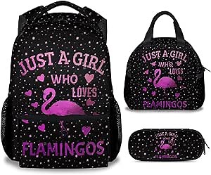 Flamingo Backpack with Lunch Box - Set of 3 School Backpacks Matching Combo - Cute Pink Bookbag and Pencil Case Bundle