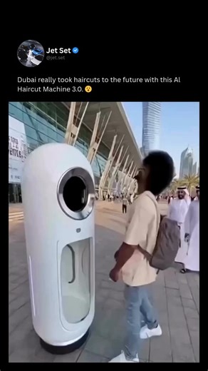 Jet.Set on Instagram: "Only Dubai would turn a simple haircut into a full sci-fi moment. The AI Haircut Machine 3.0 trims an afro in under 30 seconds using robotic sensors, blue LED tracking, and flawless automation — all inside a pod that looks straight out of 2050."