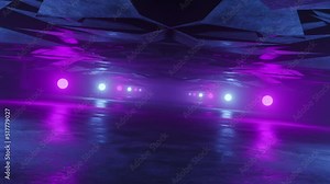 Futuristic flight through a concrete tunnel in smoke illuminated by blue and purple neon spheres, abstract cosmic design, arcade style, technological space background, 4k looping video, 3d rendering