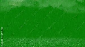 Rain with thunderstorm on green screen. Clouds accompanied by lightning strikes heavy rain, thunderstorms on a green screen