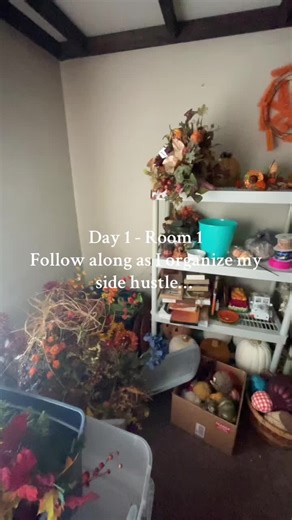 Day 1 - Room 1 Today I declutterred and organized 1 of my storage rooms. I’ve ordered two more flower towers and black out curtains. Now I can see what I have for fall. Heading to Lowe’s tomorrow to buy new ceiling tiles and a fan. Tomorrow I’m tackling my home office… follow along!! #teachersoftiktok #teacherlife #smallbusiness #wreathmaker #wreathmaking