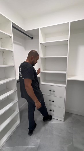 Custom walk in closet with hidden drawer feature #closet #diy #closetideas #hidden