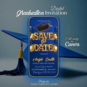 Blue and Gold Graduation Invitation, Editable Digital Grad Party Invite, Save the Date College Graduation Template, Graduation Announcement - Etsy