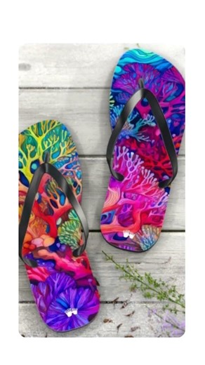 Beach Ready Flip-Flops With Vibrant Coral Reef Art.