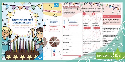 Numerators and Denominators - Fractions Explained for Kids Video Activity Booklet