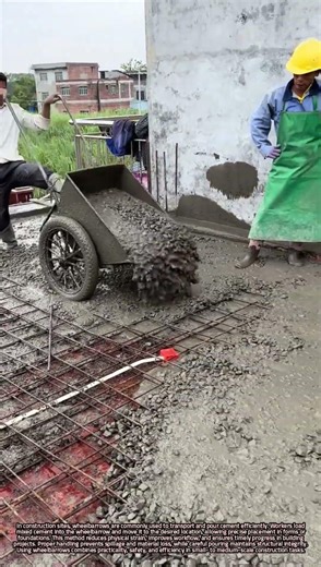 Efficient Cement Transport and Pouring on Construction Sites Using Wheelbarrows