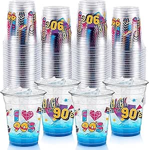 FoldTier 50 Pcs 90s Cups 12 oz Plastic Throwback Dance Glasses Clear Retro Music Disposable Glasses Hip Hop Drinking Cups for Home Retro Hip Hoptheme Party Favors Supplies Decoration (90s)