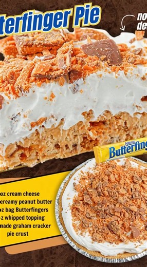 BUTTERFINGER PIE! 8 oz cream cheese ¾ cup creamy peanut butter 10.2 oz bag fun size Butterfingers 12 oz whipped topping 1 pre-made graham cracker pie crust #familymeals #Thanksgiving #fblifestyle #holiday #EasyDinners #Christmas | Recipes by kamika