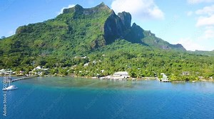 Aerial Bora Bora French Polynesia Atoll Tahitian Pacific Ocean Mt Otemanu mountain, Mount Pahia at Bora Bora island, Tahiti, French Polynesia