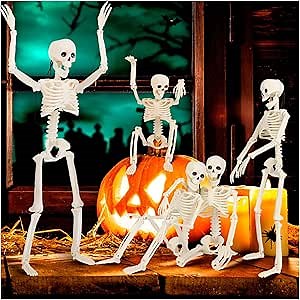 Skeleton Halloween Decorations Outdoor 16" Small Posable Skeletons Decor with Full Body Posable Joints, Indoor Halloween for Party Home Room Yard Graveyard Haunted House Props Spooky Decoration 5 Pack