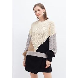 Color Block Hand-Knit Chunky Sweater in Light Tan