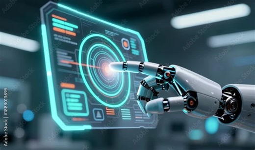A high-tech lab interface glows with a holographic control panel; a robotic hand interacts with precision widgets, showing AI-assisted manufacturing and automation at its sharpest edge, 4K and HD