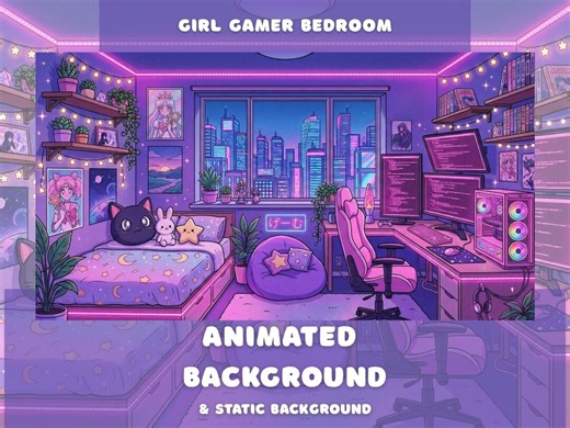 Girl Gamer Bedroom Animated Background Neon Pink Purple Anime Room Vtuber Overlay Twitch Stream Youtube Zoom Vaporwave Desktop Wallpaper - Etsy