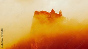 Lake Bled castle in orange clouds. Dramatic view on Blejski grad. Foggy castle on mountain with birds flying by. Handheld shot. Lake Bled, Slovenia.