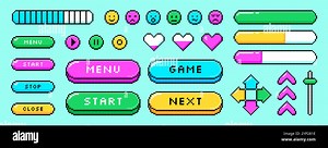 Set of pixel video game graphic elements in 8bit retro style. Color pixelated arrows, love hearts, emoticons, loading progress bar, level indicator icons, health stickers. Menu, stop, play ui buttons Stock Vector Image & Art - Alamy