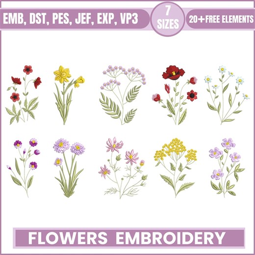 10 Flower Machine Embroidery Designs, Flowers Botanical Daffodil Poppy Wildflower Bundle Pattern Instant Download Zip - 7 Sizes - Etsy UK