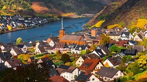 Vineyard terraces of the wine region the Mosel Valley in autumn. Wine tourism Turant Castle, Rhineland-Palatinate