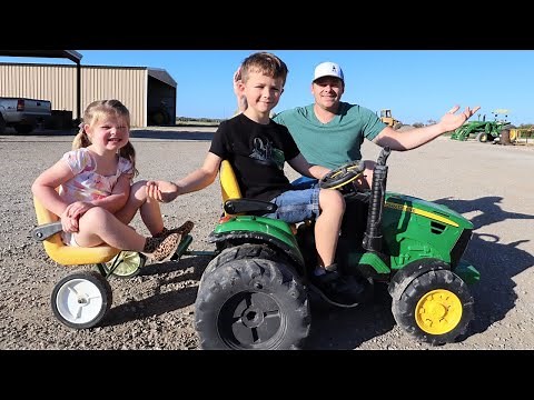 Riding on trailer behind kids tractor on the farm | Tractors for kids