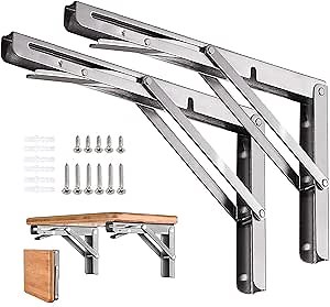 Folding Shelf Brackets 12 inch 2 Pcs Max. Load 220lb - Heavy Duty Stainless Steel DIY Wall Mounted Collapsible Shelf Bracket, Space Saving for Garage Workstation, Stuff Supports, Table, Workbench