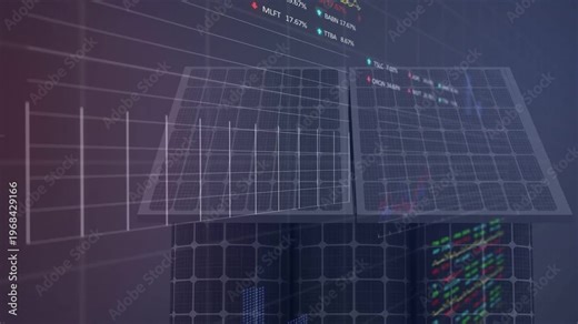 Solar panels centering, grid appearing and HUD sliding, graphs animating, showing energy metrics