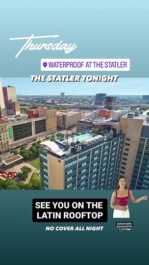 TONIGHT THURSDAY You are invited at THE STATLER 1914 commerce st Dallas Waterproof Hotel Best Rooftop party Come drink and dance under the stars The BEST DJS PLAYING THE HOTTEST HITS SALSA BACHATA MERENGUE REGGAETON TOP40 CUBATON DANCE AND MORE …. NO COVER AND DRESS TO IMPRESS #International #dallastexas #downtown #Weekends #LadiesNight #International #Drinks #latin #party #LatinNights #ladiesnightout #party #Candleroom#Downtowndallas #uptowndallas #happyhoursdallas #internationalnights #dallast