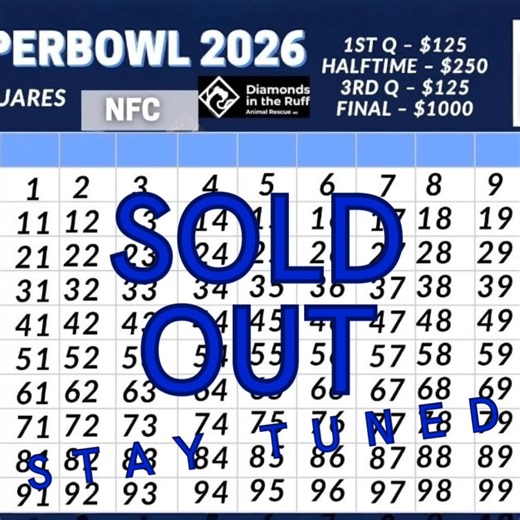 🏈💎 SUPER BOWL SQUARES ARE LIVE! 💎 🏈UPDATE AVAILABLE SQUARES FOR THIS POOL **72 and 80 Who feels lucky? It’s game time AND fundraiser time! Our Super Bowl Squares are officially available and all proceeds benefit Diamonds in the Ruff Animal Rescue 🐾💜 ✨ How it works: ▪️ $25 per square ▪️ Choose your square number(s) ▪️ Send payment via Venmo 👉 @diamondsintheruffny ▪️ PLEASE be sure to comment on the ORIGINAL POST when picking your square number(s) ▪️ Comment “PAID” on the original post afte