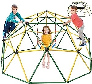 Hapsor Climbing Dome, 10FT Dome Climber with Hammock & Swing, Outdoor Jungle Gym Supports 1000lbs, Easy Assembly Playground Jungle Gym Backyard Play Equipment, Yellow+Green