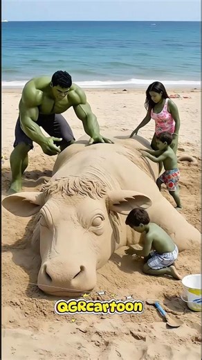 Spider-Man and Hulk with Their Families Build a Giant Sand Cow #marveltoys#hulk #spiderman #shorts