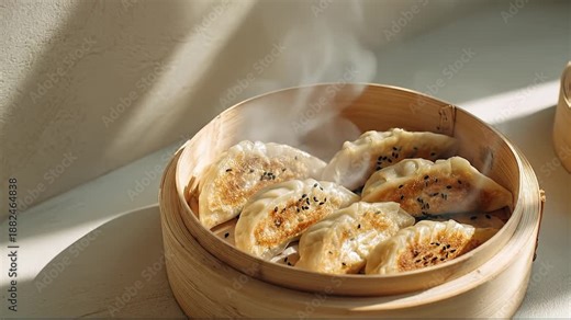Steaming Hot Potstickers in Bamboo Steamer with Delicious Asian Dumplings.