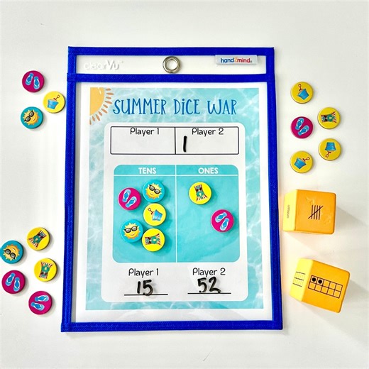 Add some sun-tastic math fun to your summer break with this low-prep game!  Player 1 rolls Multiple Representation Dice for TENS and for ONES  Use the summer chips from our Seasonal Ten-Frame Counters set ️ Record the two digit number on the game sheet ️ Player 2’s turn!  The player with the largest number wins that round! Download the FREE worksheet here: bit.ly/summerdicewarworksheet | Hand2mind | Facebook