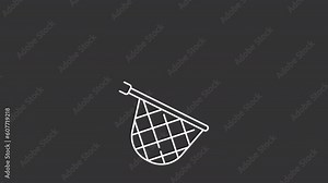 Animated landing net white line icon. Fish jumping inside fishnet animation. Caught fish. Loop HD video with chroma key, alpha channel, transparent background. Outline motion graphic animation