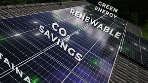 Premium stock video - Green energy, renewable, co2 savings, sustanable text on solar panels house roof