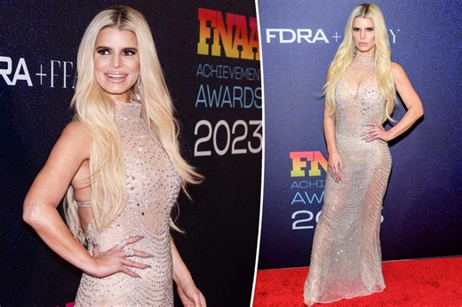 Jessica Simpson shimmers in sheer crystal-covered dress