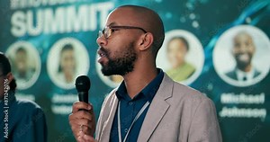Man, microphone and talking for business summit as presenter, guest or event host in panel discussion. Male person, public speaker and speech in conference, seminar or convention for renewable energy