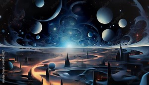 Majestic cosmic landscape featuring planets, shimmering stars, and a multi-tiered city. Abstract background and wallpaper. Generative AI Stock Video